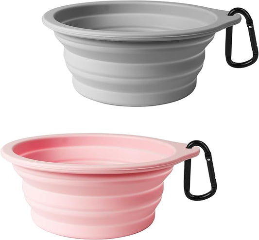 PetBonus 2-Pack Large Silicone Collapsible Dog Bowls, 34oz/1000ml BPA Free Portable Foldable Travel Bowl for Pet Cat, Food Water Feeding Dish for Camping with 2 Carabiners (Grey, Chalk Pink)
