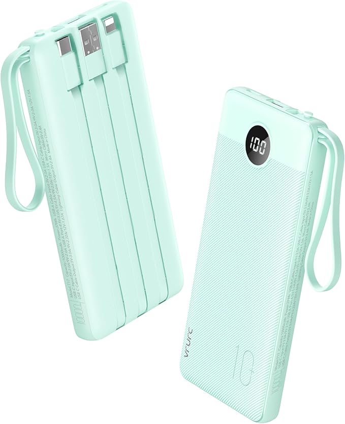 VRURC Portable Charger, 22.5W Power Bank 10000mAh, USB-C Cable in & Out Fast Charging Battery Pack, Compact Travel Essential 4 Outputs 3 Inputs for iPhone 16 15 14 13,Samsung, Android etc-Green