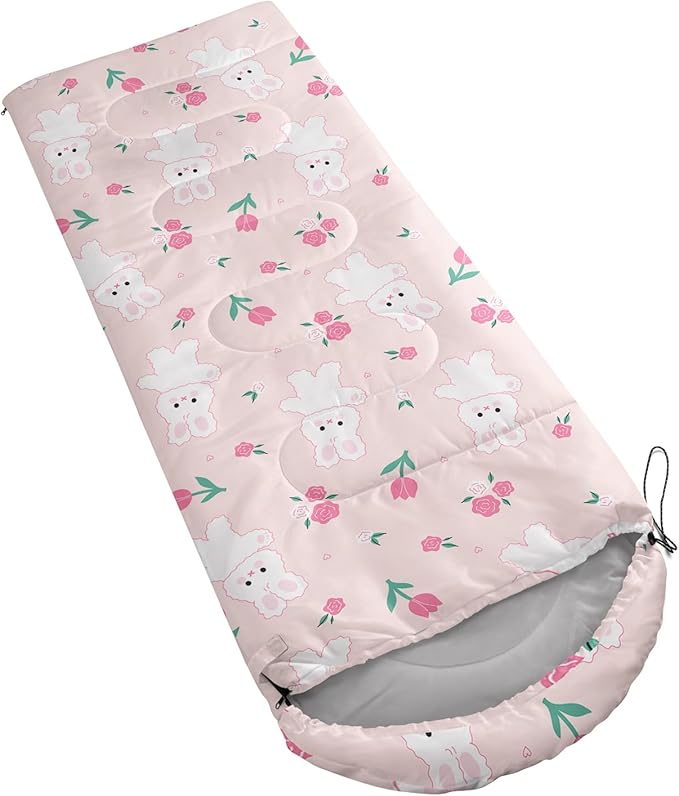 AILONEN Pink Lovely Rabbit Sleeping Bag for Girls Kids Adults,Warm and Cool Weather,Lightweight,Waterproof Backpacking,Cartoon Flowers Printed Bunny Sleeping Bag for Camping
