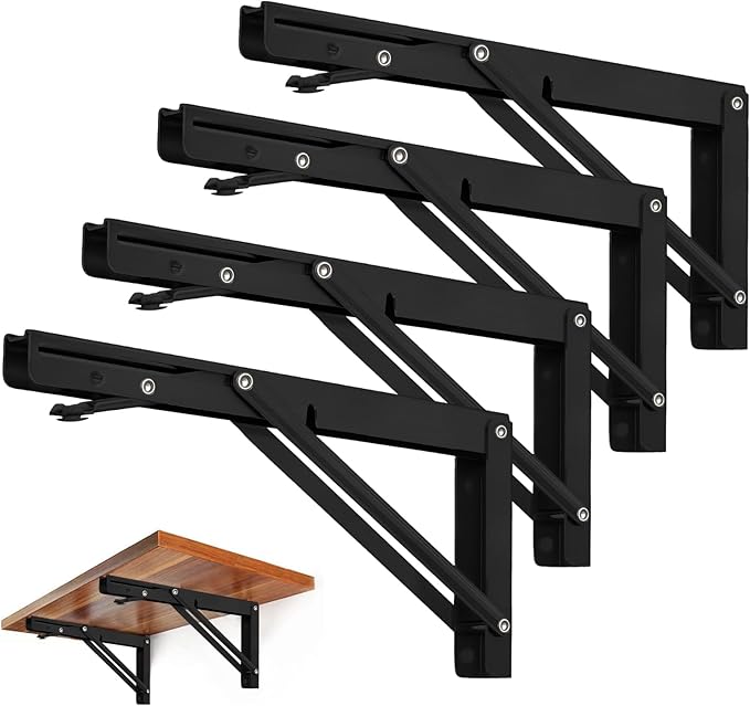 Storystore Folding Shelf Brackets - 12 Inch Heavy Duty Metal Collapsible Shelf Bracket for Bench Table, Shelf Hinge Wall Mounted Space Saving DIY Bracket, Max Load: 150 lb (4 PCS, Black)