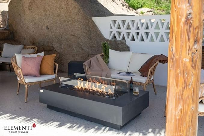 Elementi+ | Bundle Positano Gas Fire Pit Cast Concrete 60" Rectangular Fire Table, Outdoor Fire Pit Electronic Ignition | Canvas Cover, Fire Glass and Burner Lid Included | Dark Gray | Natural Gas