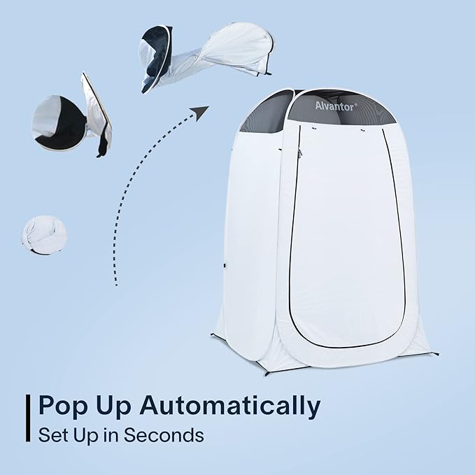 Alvantor Shower Tent Pop Up Changing Room Outdoor Shower Enclosure Pop Up Privacy Tent Toilet Tent Camping Dressing Portable Shelter Teflon Coating Fabric 4’x4’x7' Patent Pending, White
