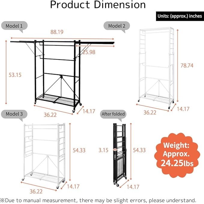 lumizone Folding Clothing Rack with Wheels Expandable Wardrobe Portable Clothes Rack for Hanging Clothes Adjustable Closet Shelves Garment Rack Durable Closet Racks for Hanging Clothes (Pro White)