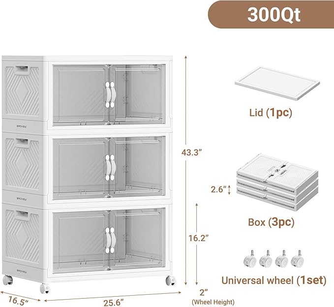 300QT Extra Large Stackable Storage Bins, 75Gal Clear Plastic Closet Organizer Cabinet with Lid and Wheels, Collapsible Latch Boxes Folding Drawer with Door for Home Kitchen, V20 3Pack White