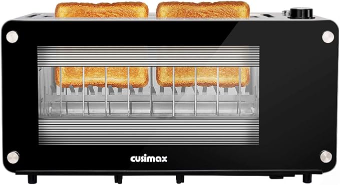 Toaster 2 Slice, CUSIMAX Toaster Long Slot with Glass Window Bagel Toasters, Artisan Bread Toaster Stainless Steel Wide Slot with Automatic Lifting, Slide-out Glass Panel and Removable Crumb Tray, Black Toaster