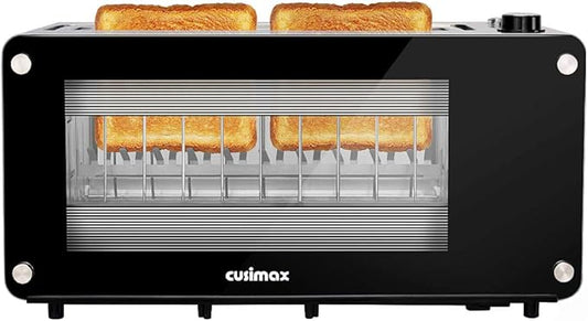Toaster 2 Slice, CUSIMAX Toaster Long Slot with Glass Window Bagel Toasters, Artisan Bread Toaster Stainless Steel Wide Slot with Automatic Lifting, Slide-out Glass Panel and Removable Crumb Tray, Black Toaster