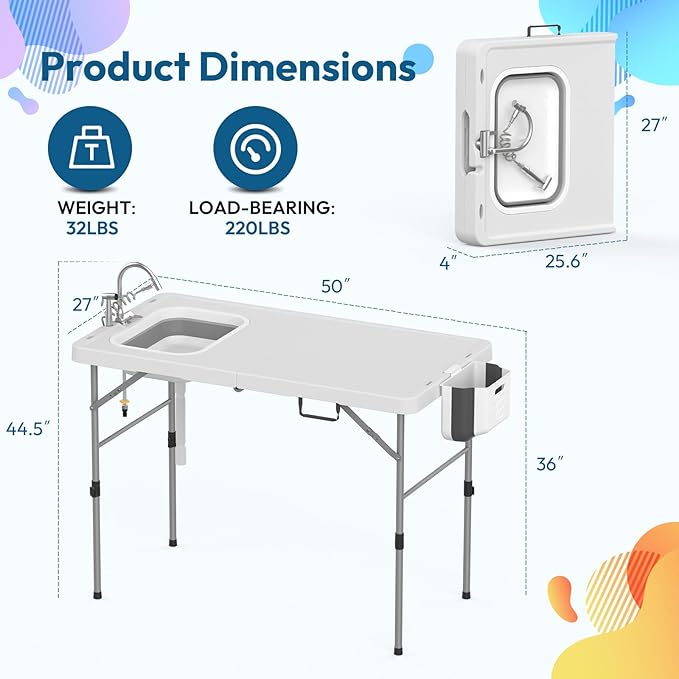 HLPB Fold in Half Folding Fish Cleaning Table with Sink, Foldable Protable Camping Sink Table with Drainage Hose & Fish Cleaning Kit, Fish Fillet Cutting Desk for Picnic Patio Backyard BBQ, White
