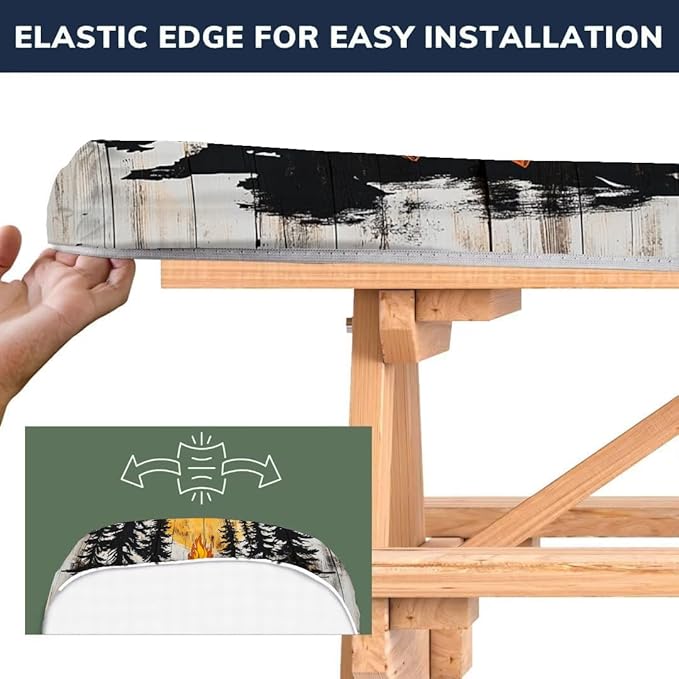 CAPSCEOLL Elastic Picnic Table Cover with Bench Covers 5Ft Waterproof Fitted Picnic Table Cover Cloths for Outdoors Camping Tablecloth with Drawstring Bag, 60X30in, Camping on Wood