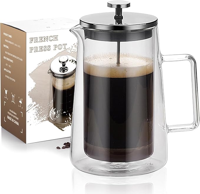 French Press Coffee Maker 22Oz - Double-Wall Insulated Borosilicate Glass - Ergonomic Handle - Coffee Gift - Tea & Coffee Press