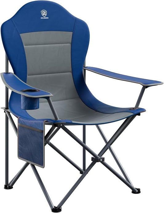 EVER ADVANCED High Back Folding Camping Chair Oversized and Fully Padded, Portable Quad Camp Lawn Chair Up to 400 lbs, with Cup Holder Armrest Carrying Bag