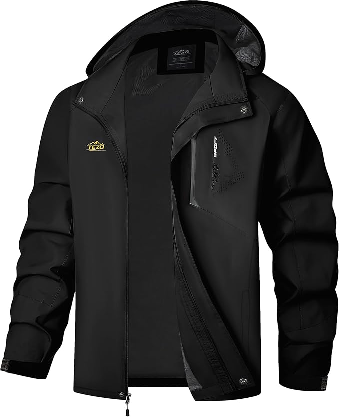 TEZO Mens Rain Jacket Waterproof with Hooded Hiking Coat Lightweight Windbreaker