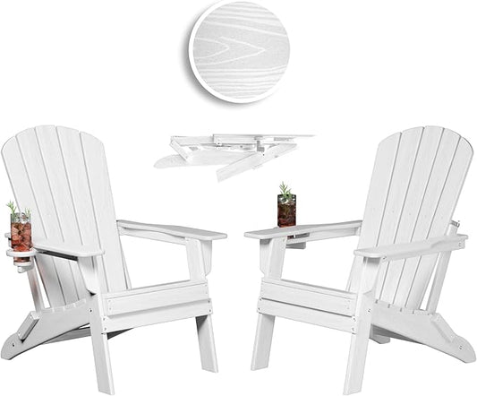 Folding Adirondack Chair, SGS Tested, Wooden Textured with Cup Holder, Heavy All-Weather HDPE Comfortable Set Poolside Backyard Lawn White Set 2