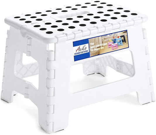 ACKO Folding Step Stool 9 Inch 300 lb Capacity, Plastic Foldable Step Stools for Kids and Adults, Folding Stools Suitable for Kitchen, Stepping Stool with Handle White 1PC