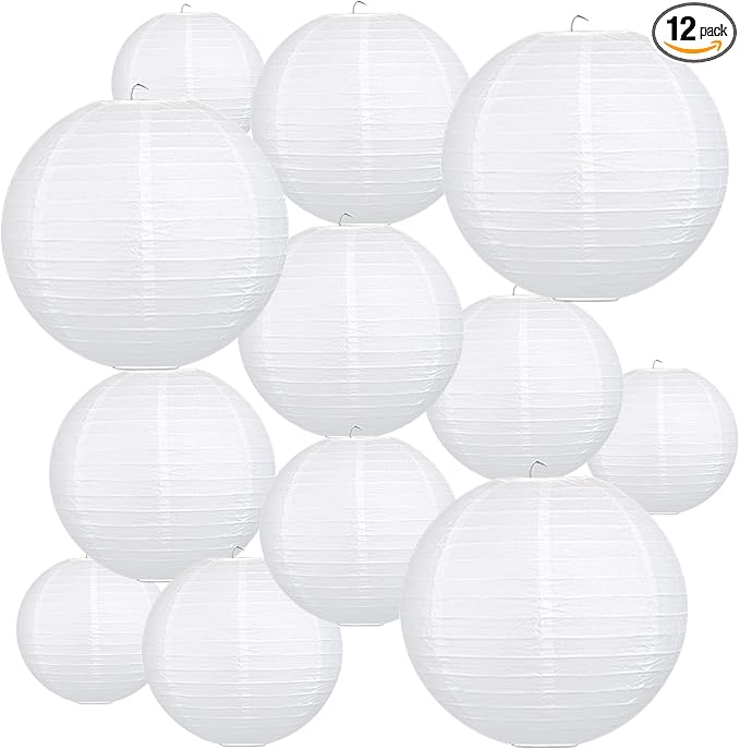 12Pcs Round Paper Lanterns Assorted Sizes (6" 8" 10" 12") for Home Decor, Restaurant, Church, Wedding, Birthday Party Decorations, Hanging Chinese Japanese Paper Lantern Lamps (White)