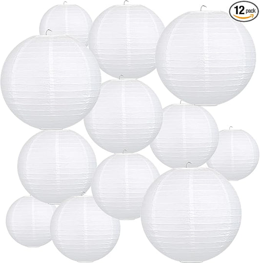 12Pcs Round Paper Lanterns Assorted Sizes (6" 8" 10" 12") for Home Decor, Restaurant, Church, Wedding, Birthday Party Decorations, Hanging Chinese Japanese Paper Lantern Lamps (White)