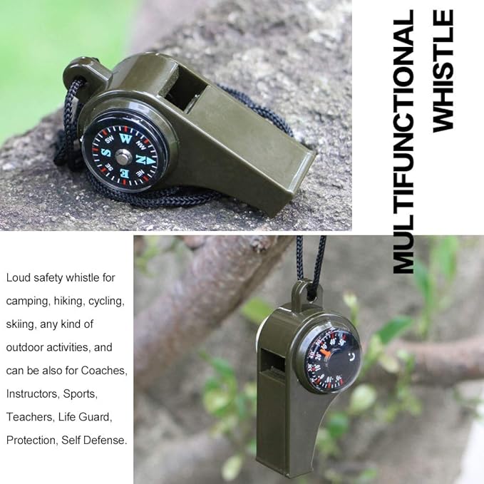 2 Pack Emergency Survival Whistle, 3-in-1 Emergency Whistles with Compass and Thermometer, Loud Safety Whistle with Lanyard for Outdoor Hiking