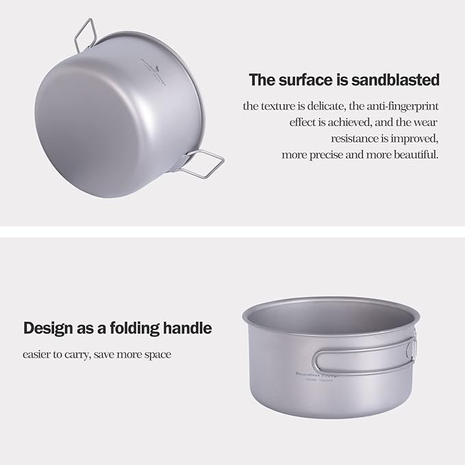 iBasingo 1.2L Titanium Soup Pot with Lid Camping Cookware with Foldable Handle Portable Lightweight Outdoor Kitchen Cooking Kit Backpacking Hiking Picnic Fishing Mountaineering Ti2106C (1 pc)