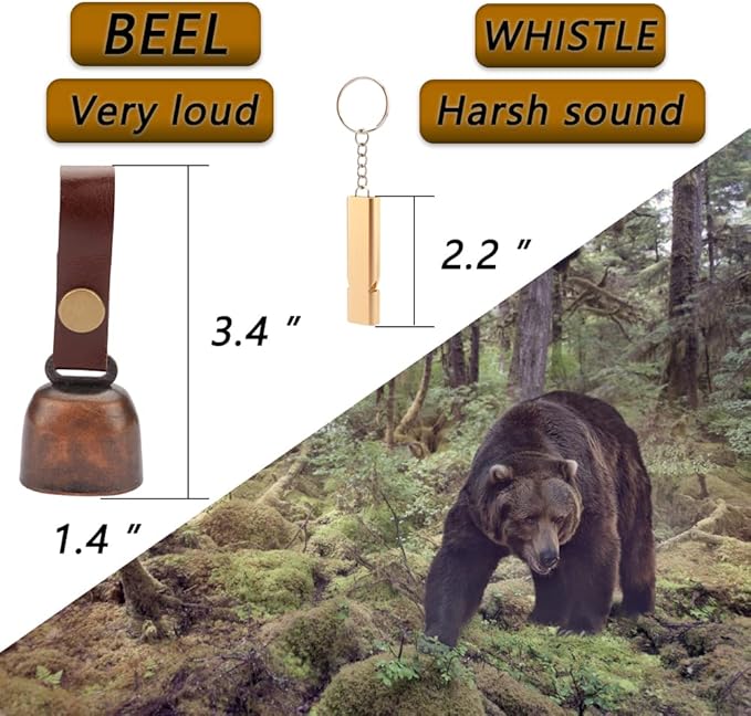 kcrygogo Loud Bear Bells with Leather Button Strap and Emergency Whistle for Survival, Hiking, Biking, Fishing, Climbing（2sets