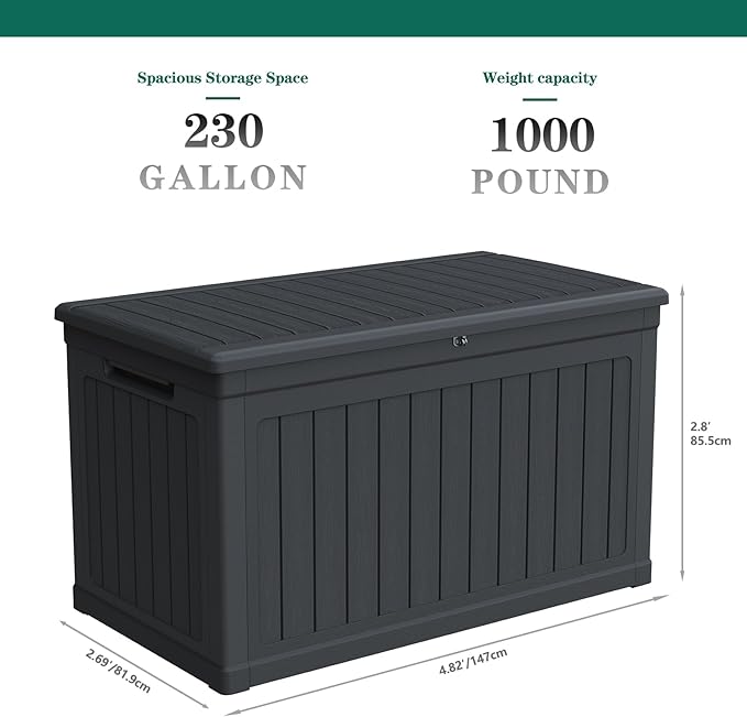 230 Gallon Lockable Resin Deck Box, Waterproof & UV-Resistant Outdoor Storage Box for Outdoor Cushion Storage, Garden Tools & Pool Accessories Storage, Black