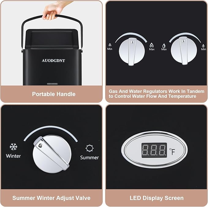 Portable Water Heater Propane Tankless,6L 1.58GPM Outdoor Instant Gas Water Heater with LED Display for RV, Camping,Outdoor Shower(Black)