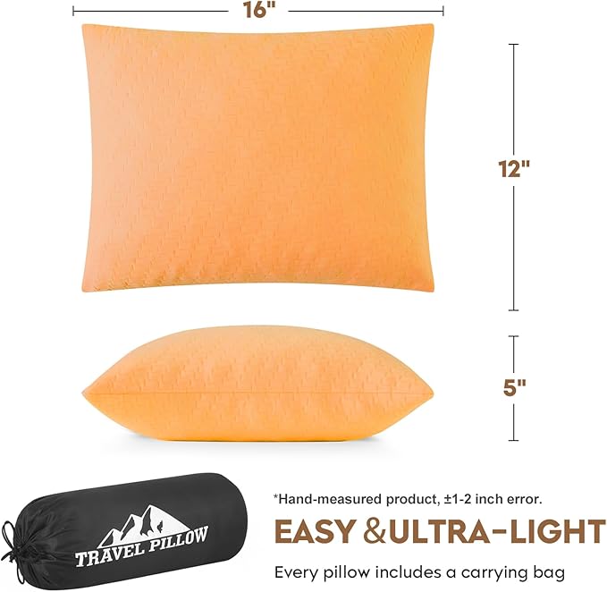 Small Shredded Memory Foam Pillow, Camping Pillow Travel Pillow - Compressible Medium Firm, Breathable Cover, Ideal Backpacking Hiking, Airplane and Car (Apricot Yellow, S)