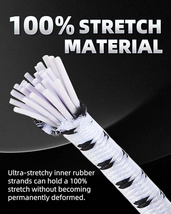 Bungee Cord - 1/8 Inch x 100 Feet - Elastic Shock Cord, Stretch Rope for Kayak, Crafts, Tie-Downs, DIY Projects - Flexible, High-Strength Bungee Rope (White with Black Trace)