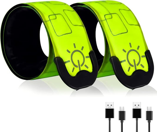 LED Safety Wristband Lights - Rechargeable Light Up Arm Ankle Band Kids Magic Slap Glow Bracelets Reflective Belt High Visibility for Night Cycling Walking Joggers Running Gear