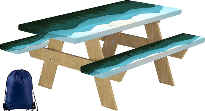 CAPSCEOLL Fitted Picnic Table Cover with Bench Covers with Elastic 8ft Waterproof Windproof Picnic Table Cloths Outdoor Camping Tablecloth with Drawstring Bag, 96X30In, Green Mountain