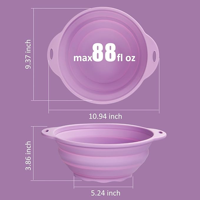 Silicone Collapsible Bowl 88oz Large Camping Bowl Outdoor Hiking Travel Silicone Food Storage Container (Light Purple)