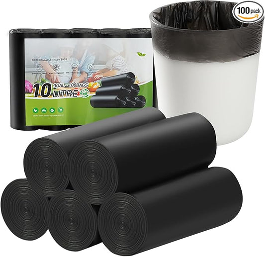 3 Gallon Small Trash Bags 100 Count Biodegradable Mini Garbage Bags Leakproof & Tear Resistant Trash Can Bin Liners Fit Bathroom, Office, Car, Diaper Pail Unscented Black