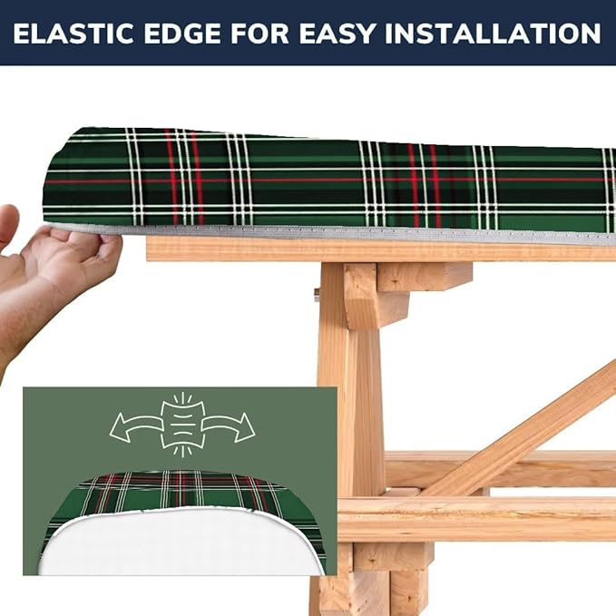 CAPSCEOLL Elastic Picnic Table Cover with Bench Covers 5Ft Waterproof Fitted Picnic Table Cover Cloths for Outdoors Camping Tablecloth with Drawstring Bag, 60X30in, Christmas Green Buffalo Plaid
