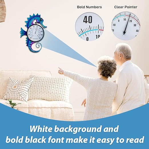 14" Seahorse Shape Outdoor Thermometer, Indoor Wall-Mounted Thermometer No Need Battery, Easy to Read for Patio Garden Living Room Decor