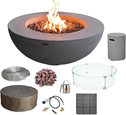 Elementi Lunar Bowl Cast Concrete Fire Table Bundle, Outdoor Fire Pit Fire Table Patio Furniture, Light Gray (Liquid Propane Gas)