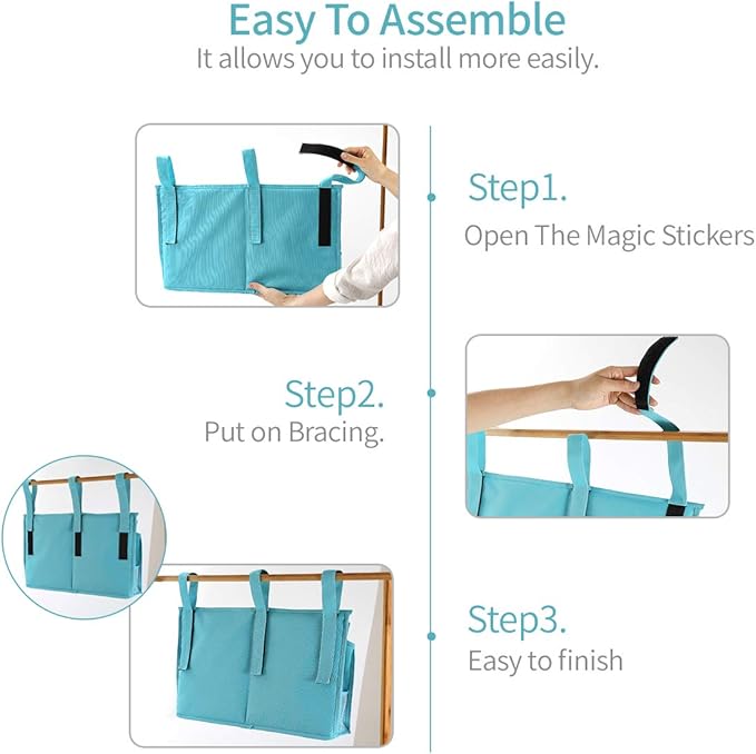 Bseash Bunk Bed Organizer, Bedside Caddy Hanging Bed Organizer Storage Bag 8 Pockets, for College Dorm Rooms Bed, Hospital Bed, Baby Bed Rails, 600D Oxford Cloth (Light Blue)