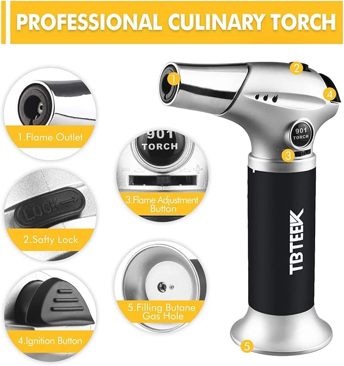 TBTeek Torch Lighter with Butane Included, Kitchen Torch Creme Brulee Torch with 180 ml Butane Fuel Refill, Safety Lock & Adjustable Flame for Cooking, BBQ, Baking, Creme, DIY Soldering (1 Can)