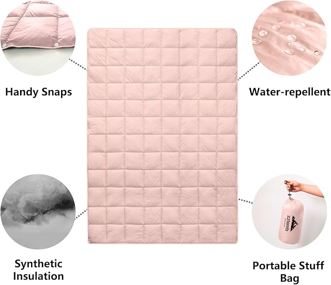 zzlamb Camping Blanket, Compact Lightweight Soft Puffy Blanket Water-Repellent, Packable Warm Quilt Down Alternative Picnic Hiking Backpacking Beach Travel RV Airplane Couch Car