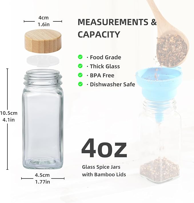 4 oz Glass Spice Jars with Bamboo Lids, Clear Empty Jars with Labels Stickers, Collapsible Funnel, Seasoning Storage Bottles for Spice Racks (36 Pack)