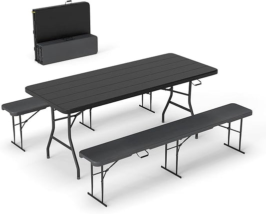 Real Relax 6' Picnic Table with 2 Benches, 3 Piece Black Wood Grain Portable HDPE Folding Camping Table and Benches for Courtyard, Garden, Outdoor Leisure, Party