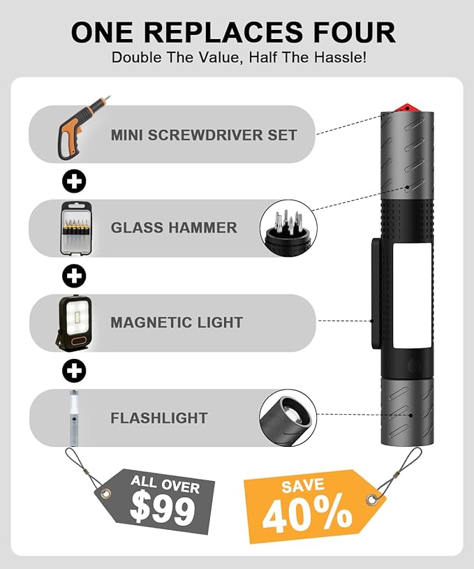 Rechargeable Flashlight High Lumens 3Packs-Super Bright Magnetic LED Flashlights with Screwdriver Set,Window Glass Breaker,COB Flash Light,7 Modes,Zoomable,Waterproof for Emergency Camping Car Repair