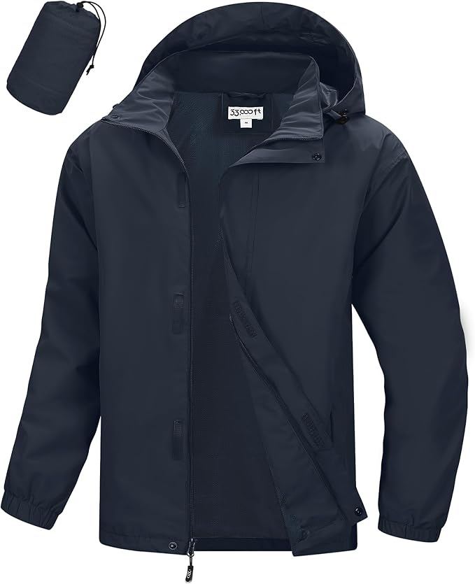 33,000ft Men's Packable Rain Jacket Waterproof Lightweight Raincoat Rain Shell with Hood for Outdoor Hiking Golf Travel