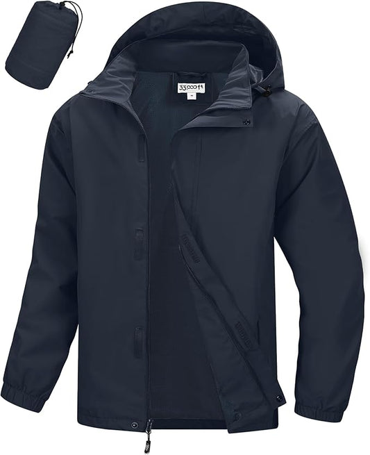 33,000ft Men's Packable Rain Jacket Waterproof Lightweight Raincoat Rain Shell with Hood for Outdoor Hiking Golf Travel
