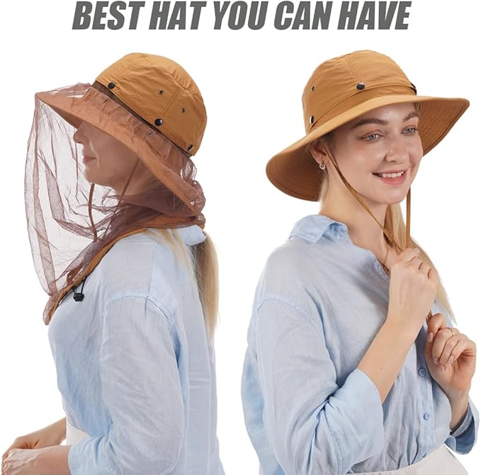 USHAKE Head Net Hat, Safari Hat Sun Hat Bucket Hat with Hidden Net Mesh