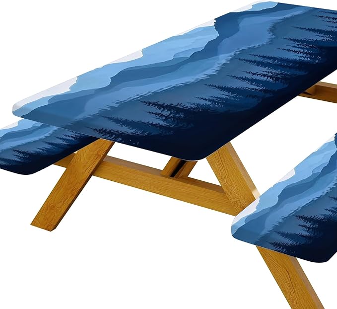 Picnic Table Cover with Bench Covers Elastic Edges, Blue Grey Mountain Pine Table Cover, Waterproof Windproof Fitted, for Outdoor Camping Patio Garden , Drawstring Bag,60 in
