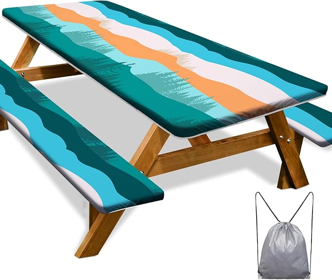 Picnic Table Cover with Bench Covers Camping Essentials Waterproof Windproof Camping Tablecloth with Drawstring Bag, Fitted Rectangle Tables and Seats, 96in, Orange Blue
