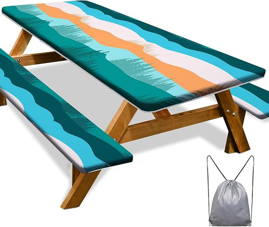 Picnic Table Cover with Bench Covers Camping Essentials Waterproof Windproof Camping Tablecloth with Drawstring Bag, Fitted Rectangle Tables and Seats, 96in, Orange Blue