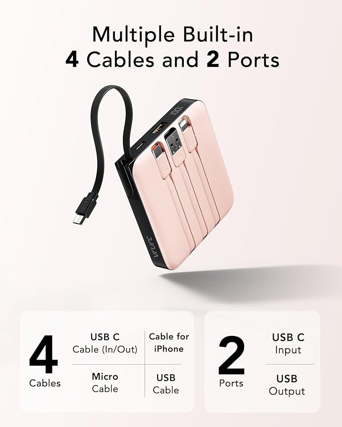 VRURC 20000mAh Power Bank Built-in Cables, Travel Essentials, Portable Charger 22.5W Fast Charging USB C Battery Pack, Phone Battery for iPhone 16 15 14 13 12 11 x Samsung Android Phone,Pink(1 Pack)