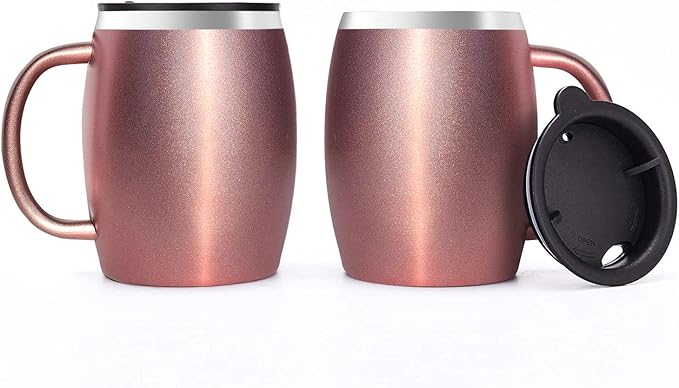 Stainless Steel Insulated Coffee Mugs Set of 2 (14 oz) – Double Wall Coffee Cups with Spill-Resistant Lid and Strong Handle, Shatterproof Cups for Cold Drinks & Hot Beverages - Rose Gold