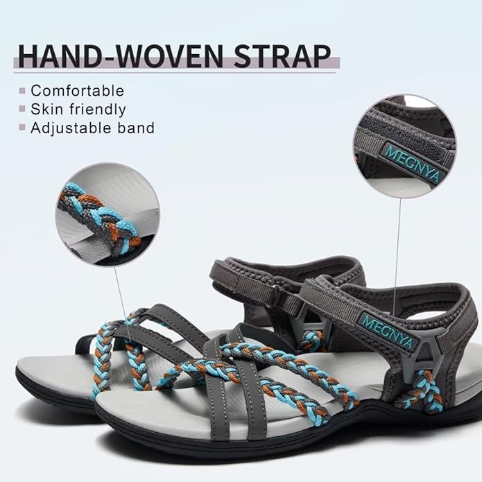 MEGNYA Hiking Sandals for Women, Arch Support Comfortable Walking Sandals Hook Loop Strap, Sports Lightweight Slides