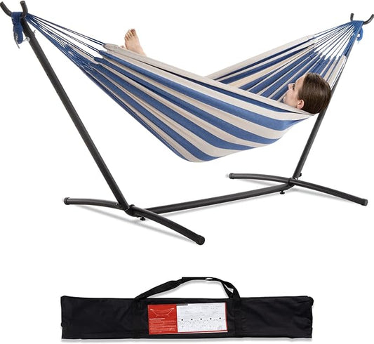 PNAEUT Double Hammocks with Stand for Outside, Portable Space Saving Heavy-Duty Steel Stand for Indoor Outdoor Patio with Carrying Bag, 450 lbs Capacity (Sky)