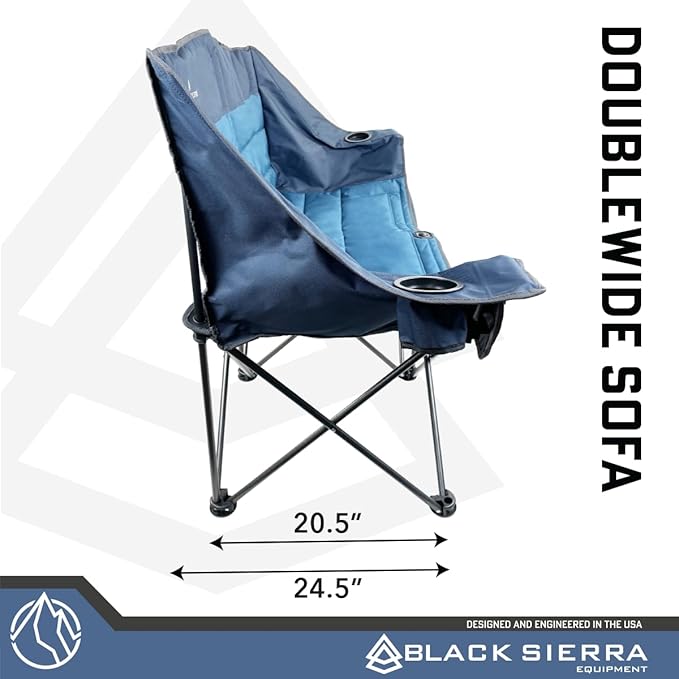 Black Sierra Double Padded Folding Camping Chair, Oversized Folding Camp Sofa, Portable Outdoor Loveseat Supports 500 lbs, Perfect for Beach, Tailgating, RV, Sports, Patio